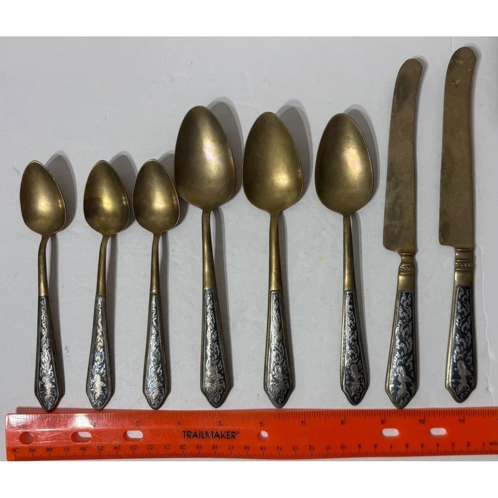 Vintage Thai Bronze Niello Flatware 8pc Set Goddess Design Thailand Diamond R